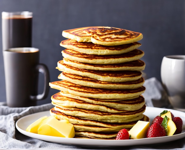 Pancakes with honey and tea on a white plate top view