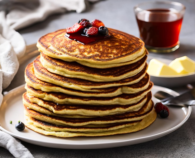 Pancakes with honey and tea on a white plate top view