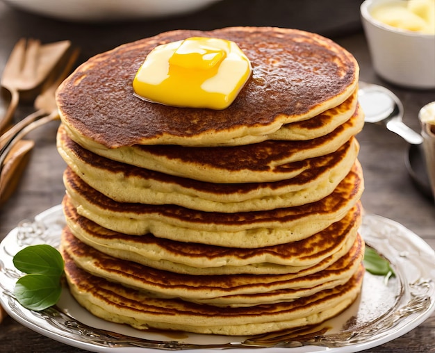 Pancakes with honey and tea on a white plate top view