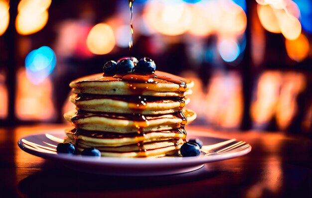 Pancakes with maple syrup on a black plate on a wooden table