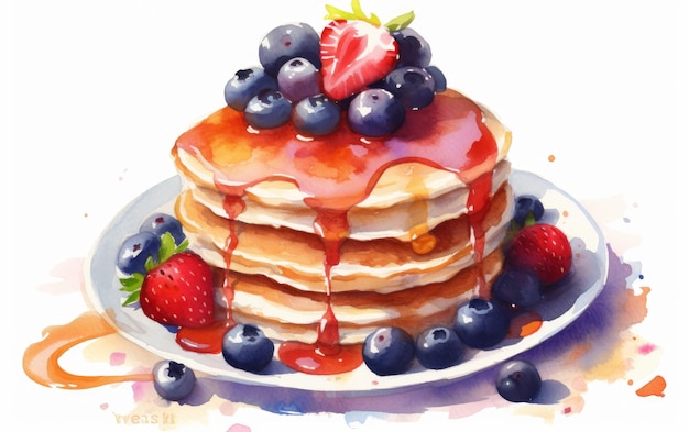 Pancakes with maple syrup fresh strawberries and blueberries watercolor style on white AI generate