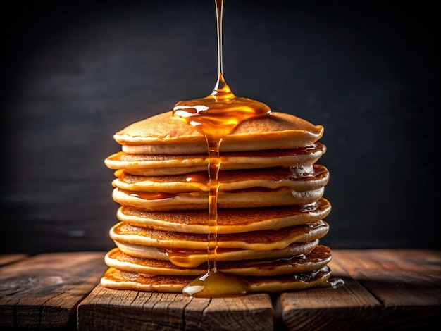 pancakes with maple syrup poured on it Pancakes stacked with melting butter and poured honey