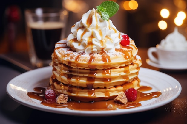 Pancakes with maple syrup waffles with whipped cream Generative AI