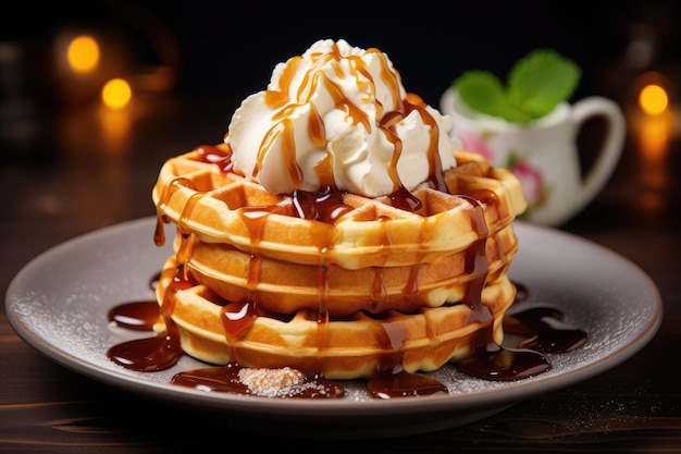 Pancakes with maple syrup waffles with whipped cream Generative AI