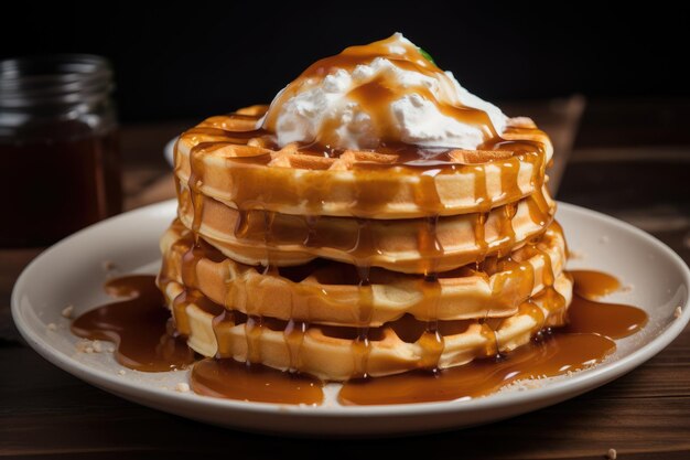 Pancakes with maple syrup waffles with whipped cream Generative AI