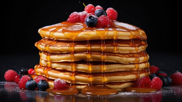 pancakes with melted sweet syrup with pieces of fruit on table with blurred background