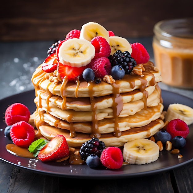 pancakes with peanut butter and fruits