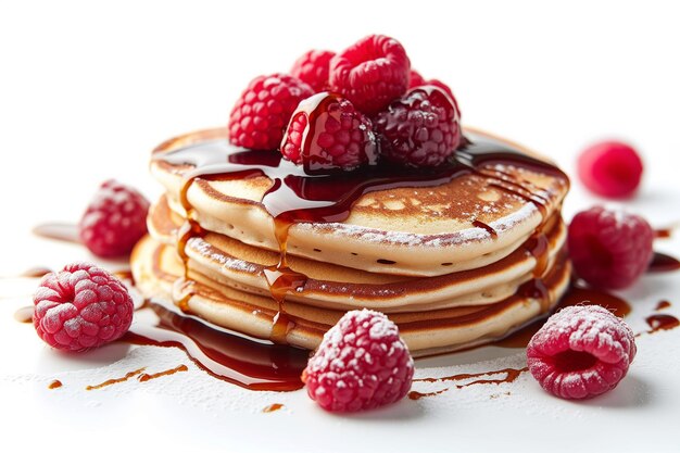 Pancakes with raspberries on white background