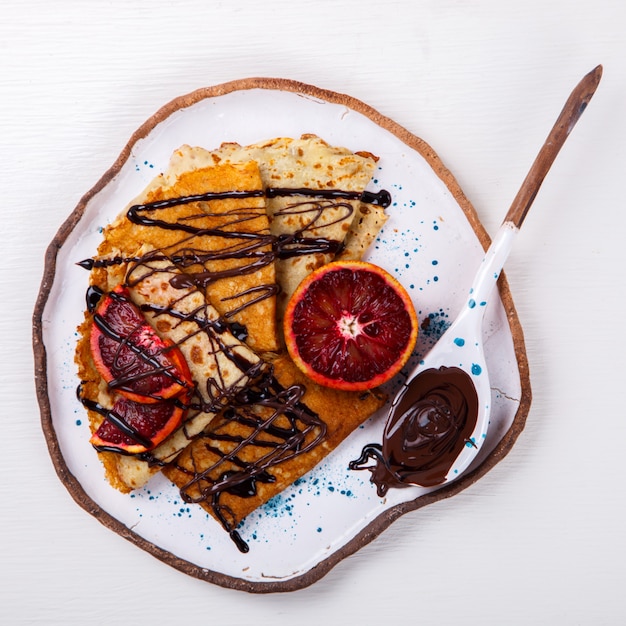 Pancakes with red Orange and Chocolate