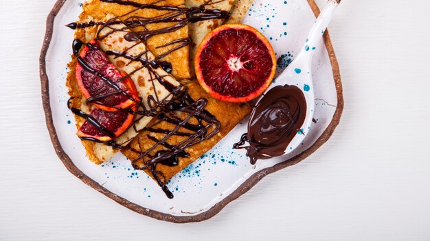 Pancakes with red Orange and Chocolate