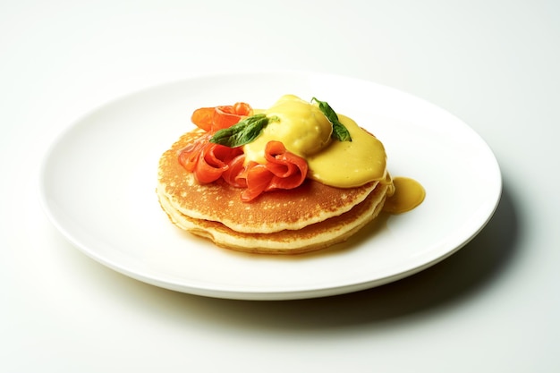 Pancakes with salmon poached egg and hollandaise sauce in a white plate on a white background Food for Breakfast