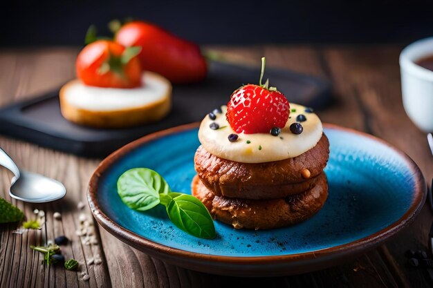 Pancakes with strawberries and chocolate on a plate