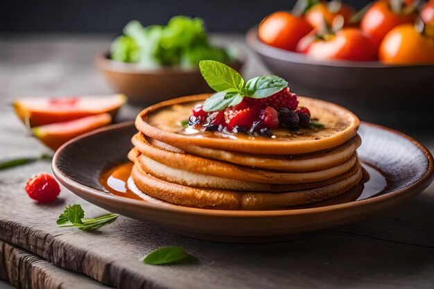 pancakes with strawberries and cranberries on a plate