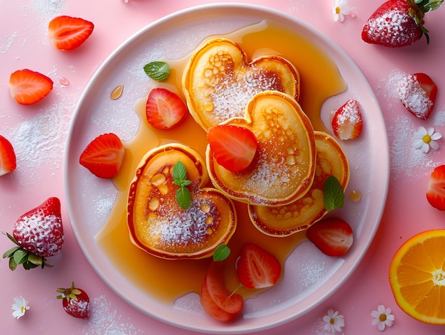 Photo pancakes with strawberries and orange slices on a pink plate