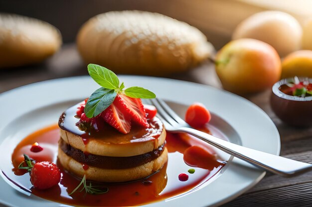 pancakes with strawberries and syrup on a plate with apples and strawberries.