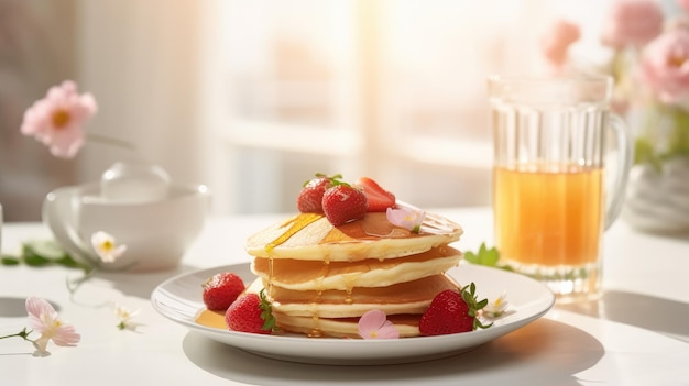 Pancakes with strawberries and syrup on a plate with a cup of orange juice