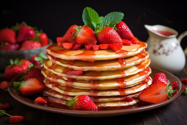 pancakes with strawberries and syrup on a plate