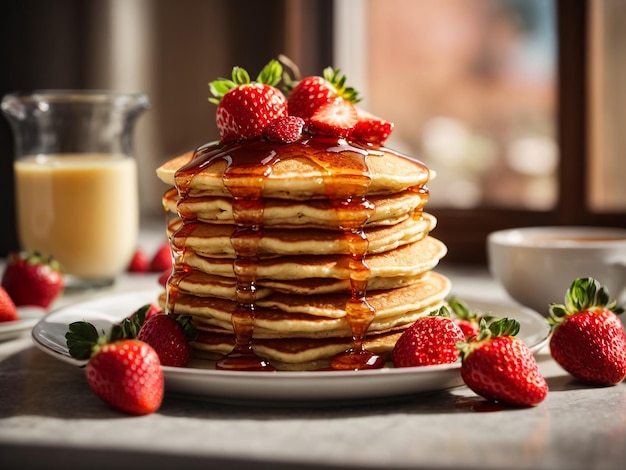 Pancakes with strawberries and syrup on a plate