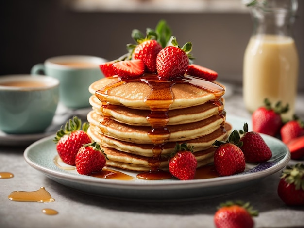 Pancakes with strawberries and syrup on a plate