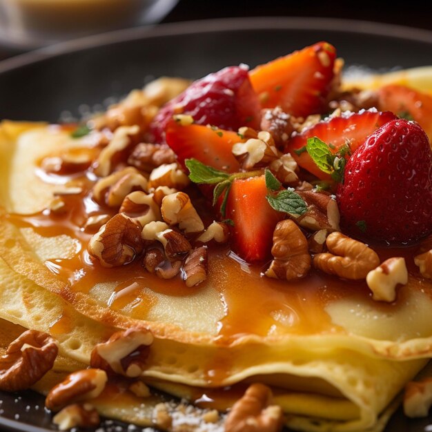 Pancakes with strawberries walnuts and honey selective focus