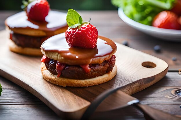 木の板にイチゴとチョコレートのパンケーキ