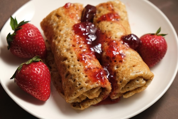 Pancakes with strawberry jam on plate