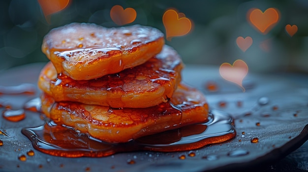 Pancakes with a sweet syrup coating shaped like hearts