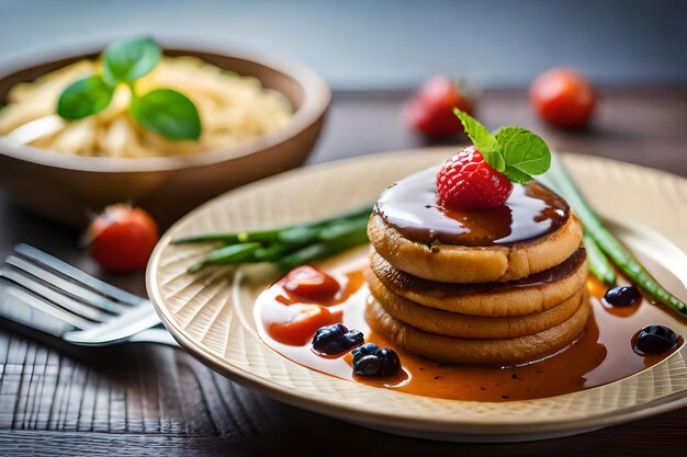 pancakes with syrup and berries on a plate with a fork.