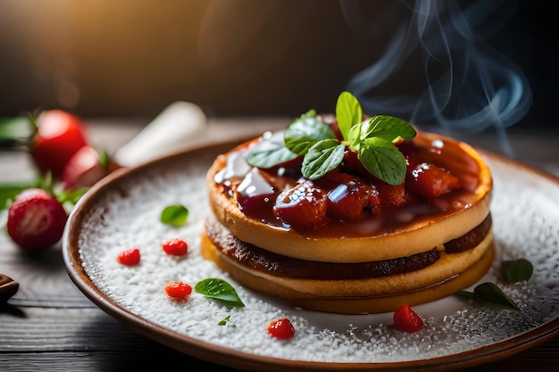 pancakes with syrup and berries on a plate