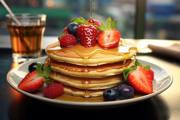 Pancakes with syrup and fruit placed on a plate