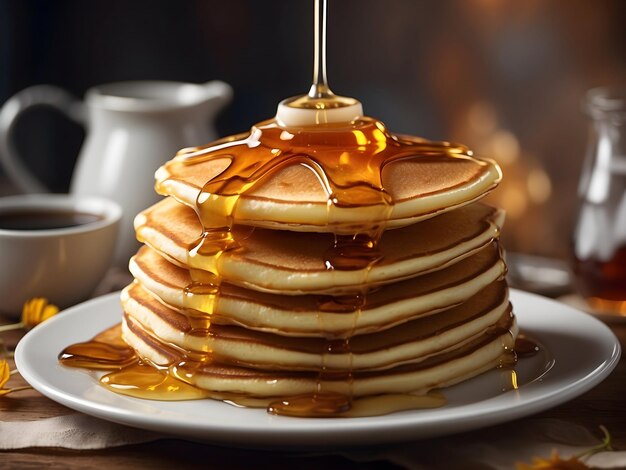 Photo pancakes with wedge syrup and butter yummy breakfast honey