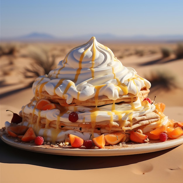Фото Блинчики с взбитыми сливками на тарелке в пустыне ai generative
