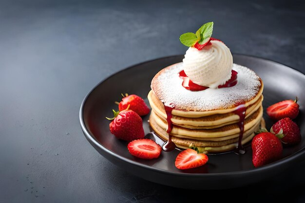 Pancakes with whipped cream and strawberries on a black plate