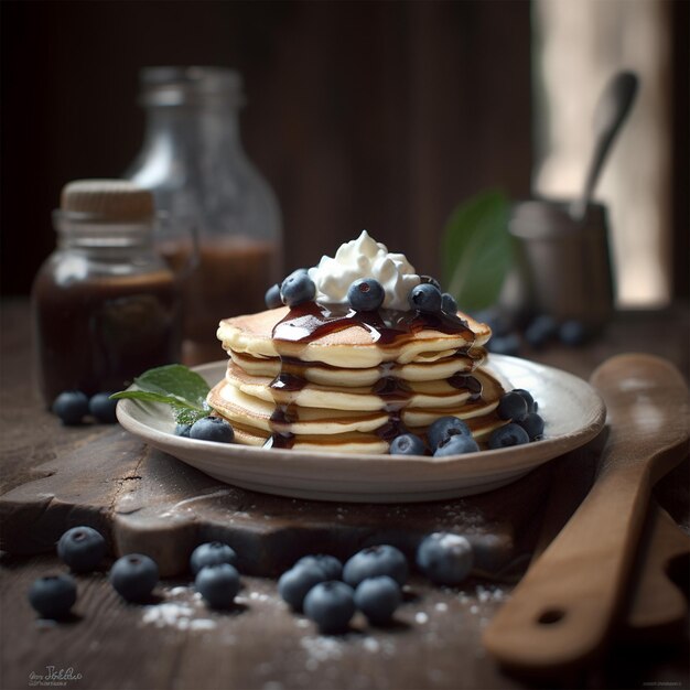 Pancakes With White Cheese And Chocolate And Blueberries