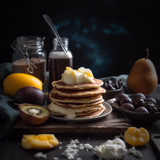 Photo pancakes with white cheese and chocolate and mangoes