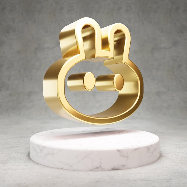 PancakeSwap cryptocurrency icon. Gold 3d rendered PancakeSwap symbol on white marble podium.