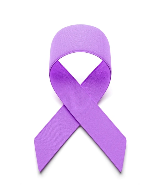 Photo pancreatic cancer purple ribbon as a symbol of pancreatic cancer awareness isolated on white 3d