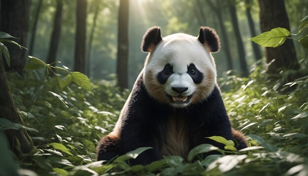 Panda around leaves in forest background