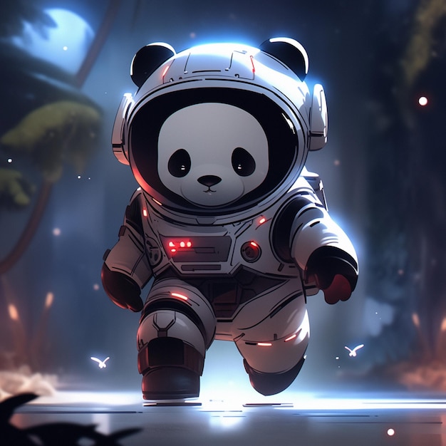 Panda astronaut in a space suit running through a forest generative ai
