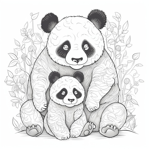 A panda and a baby bear are sitting in a field of plants.
