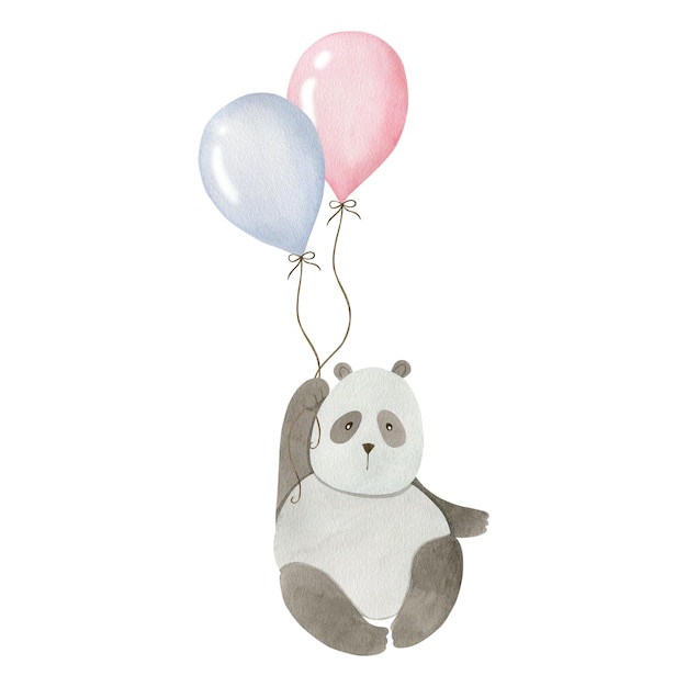 Panda on a balloon watercolor illustration isolated on white background