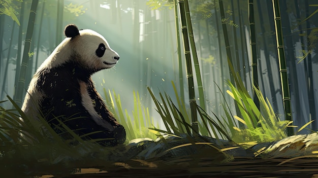 a panda in a bamboo forest with bamboo in the background.