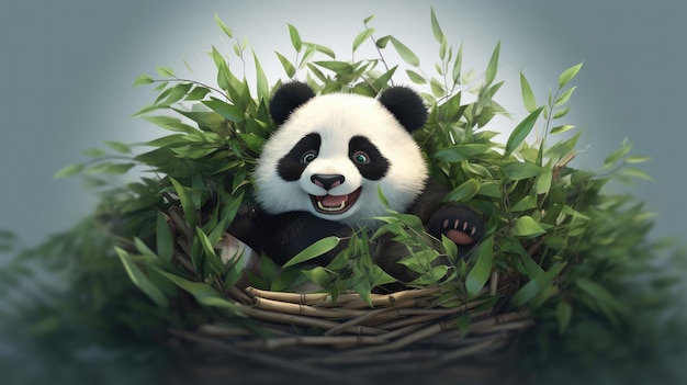 Панда в корзине из бамбука
