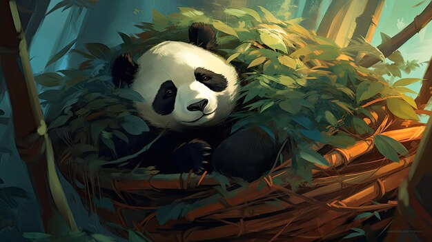 a panda bear in a basket of bamboo.