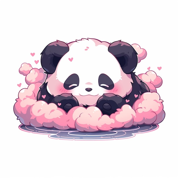 panda bear in a cloud of pink clouds with hearts generative ai