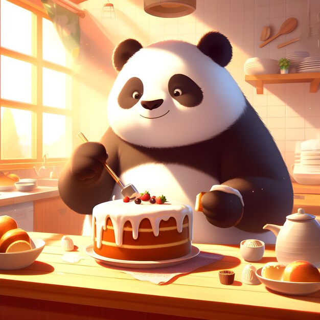 Photo panda bear decorating cake in kitchen