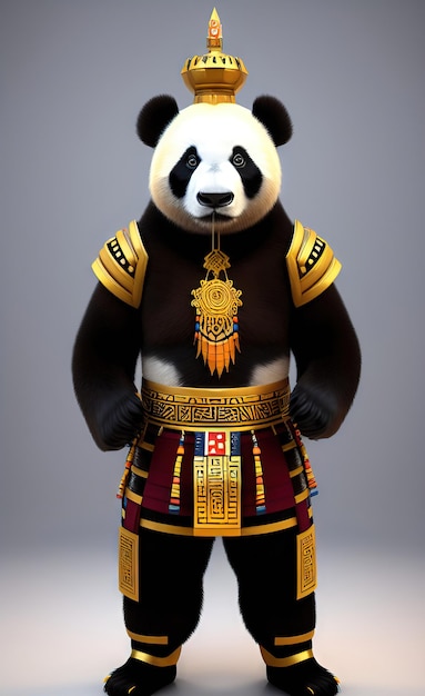 A panda bear dressed in a costume with a gold and black outfit.