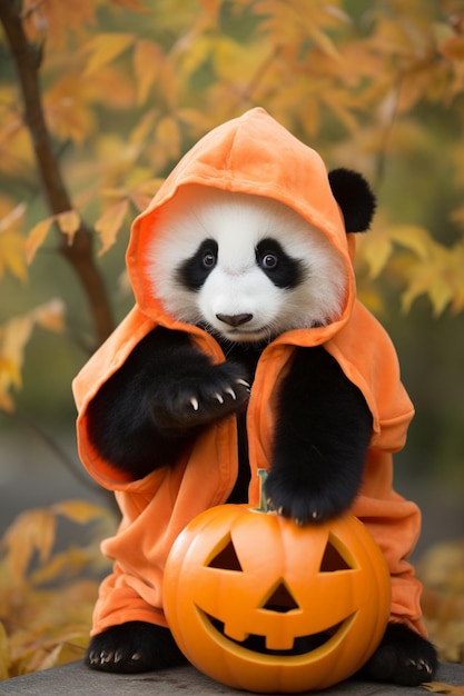Foto orso panda vestito di arancione e nero seduto su un'ai generativa di zucca