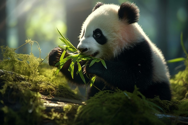 a panda bear eating bamboo in a forest with trees in the background