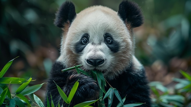 Медведь-панда ест бамбук в лесу